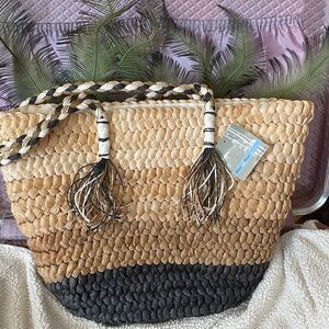 NEW Handcrafted Tan and Black Woven Tote Bag